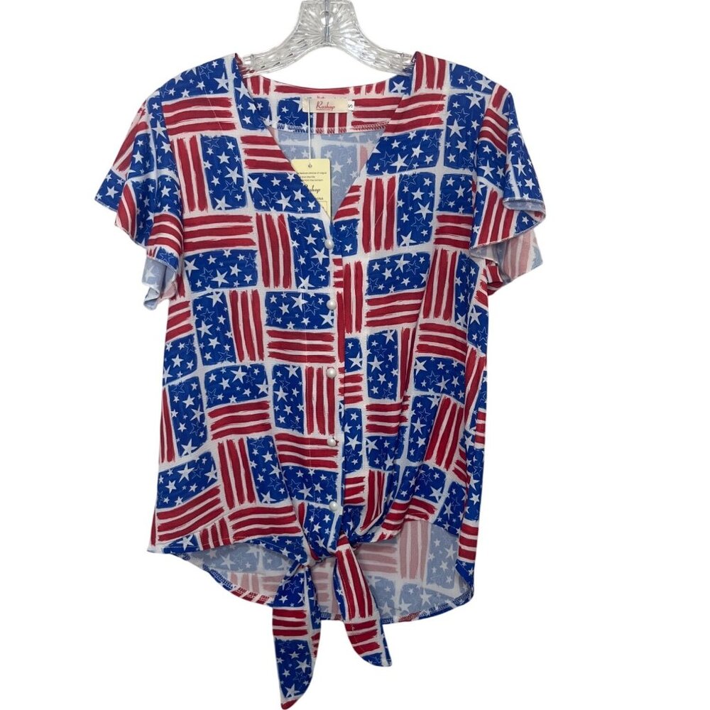 Roshop Flag Print Tie Button Front Shirt Womens Small Blue Red New Short Sleeve